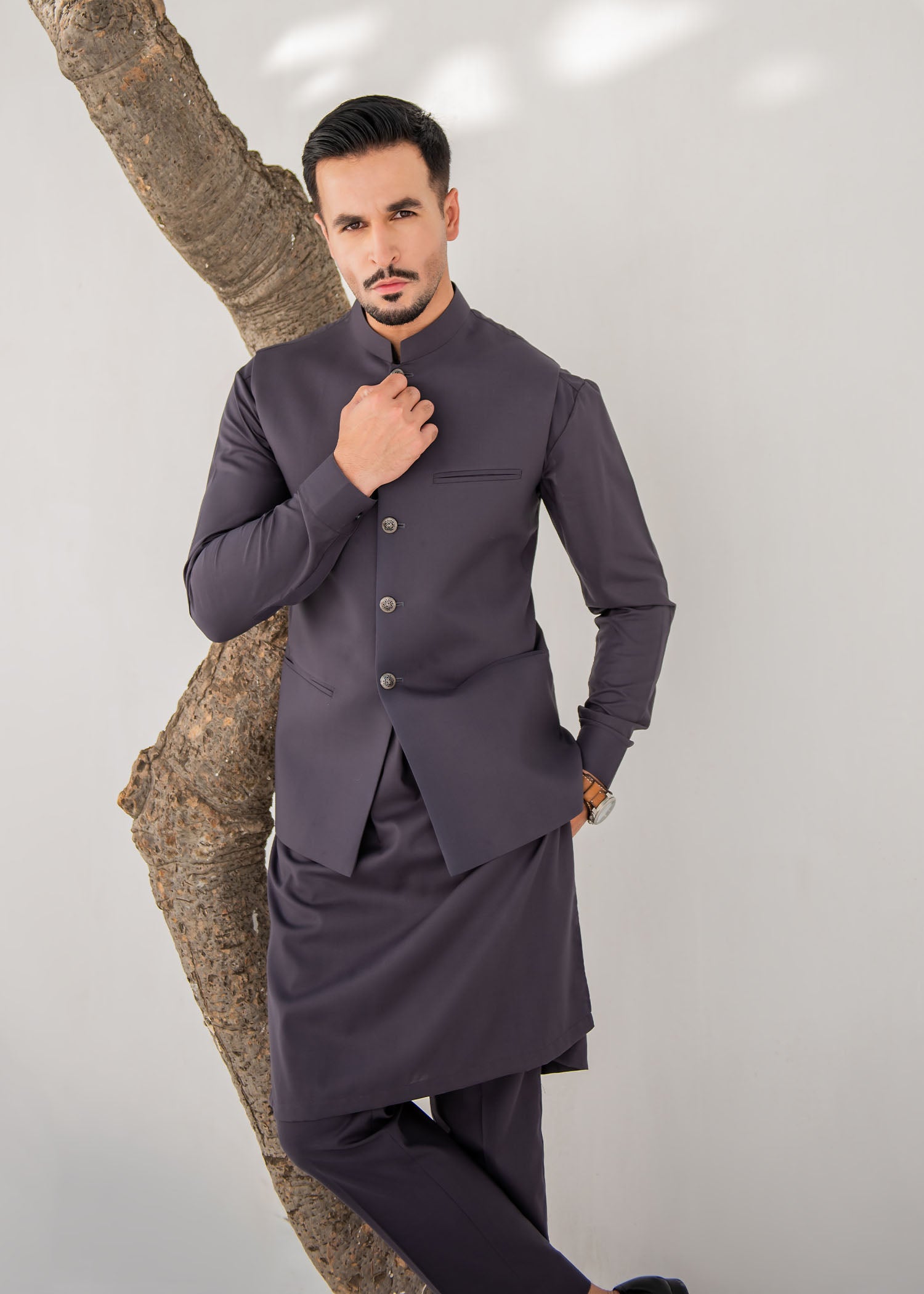 Charcoal Grey Kurta Trouser & Waistcoat - 3 PC