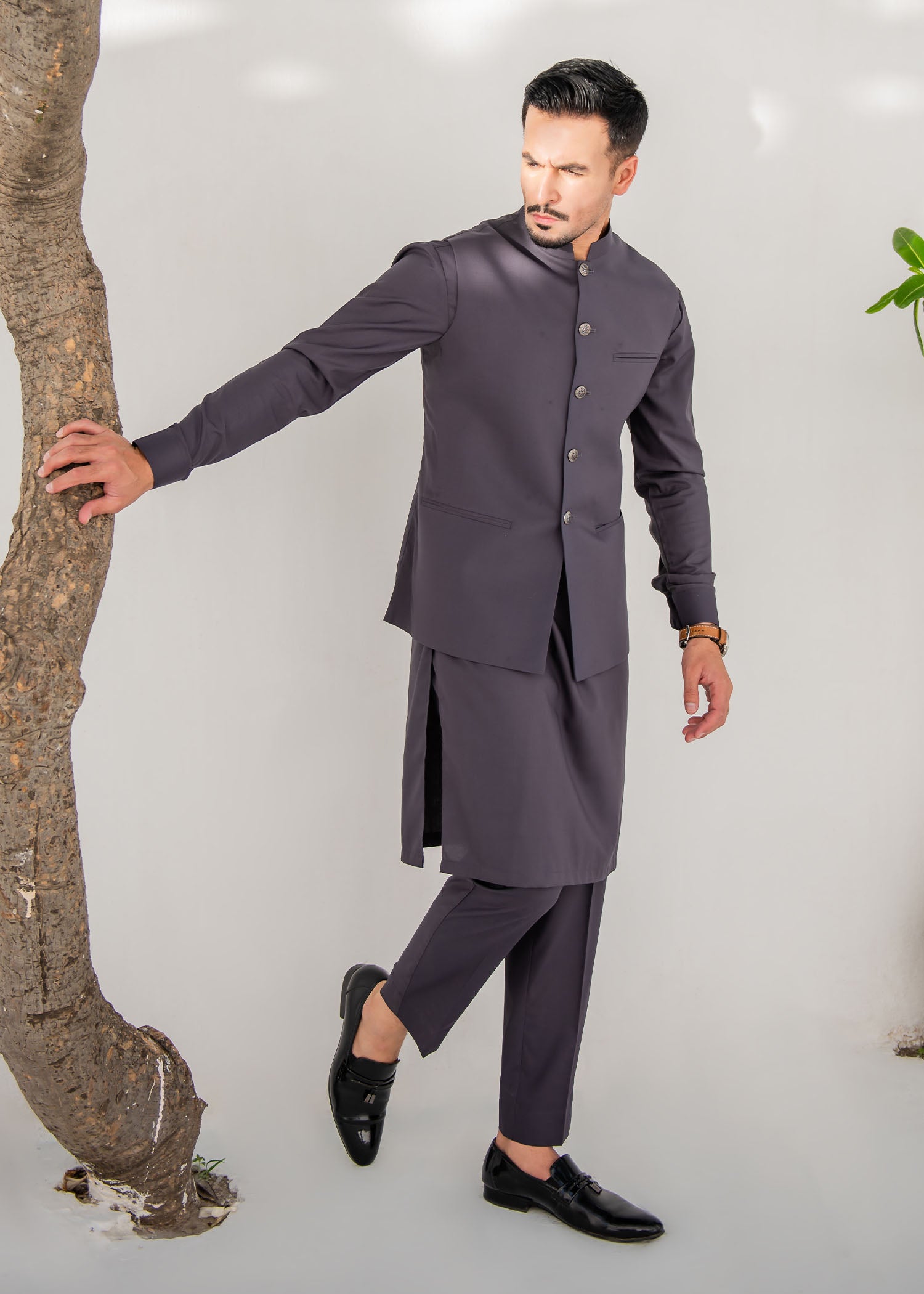 Charcoal Grey Kurta Trouser & Waistcoat - 3 PC