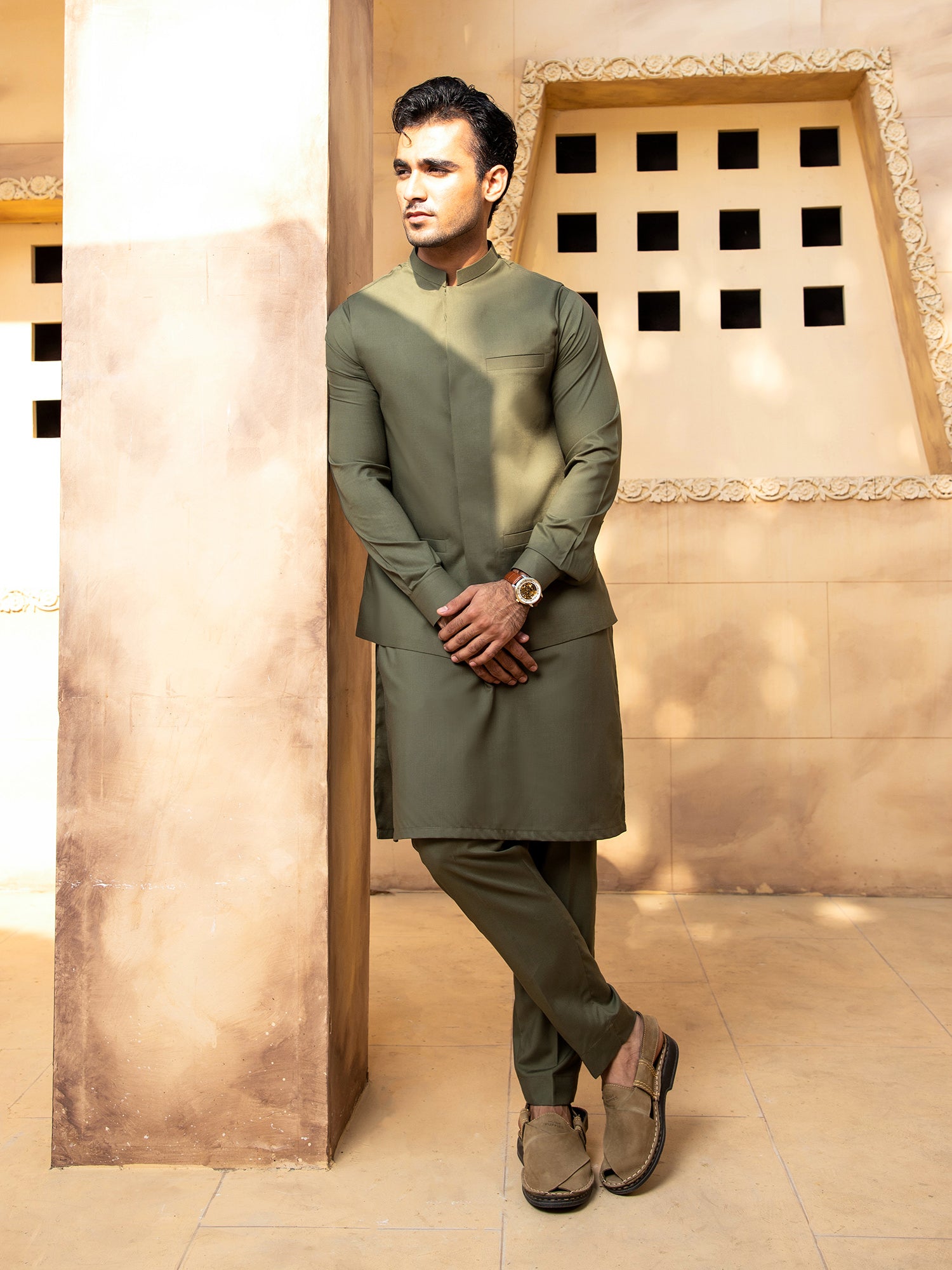 Army Green Kurta Trouser With Waistcoat