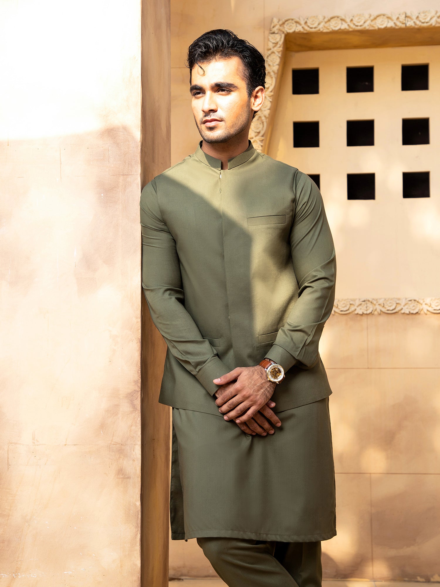 Army Green Kurta Trouser With Waistcoat