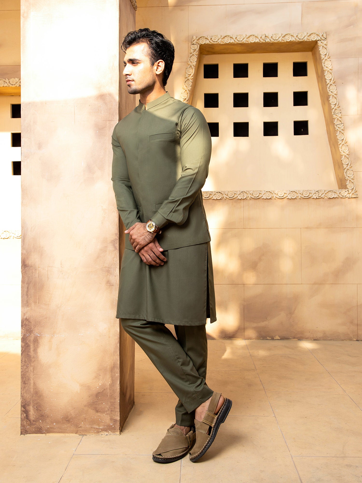 Army Green Kurta Trouser With Waistcoat