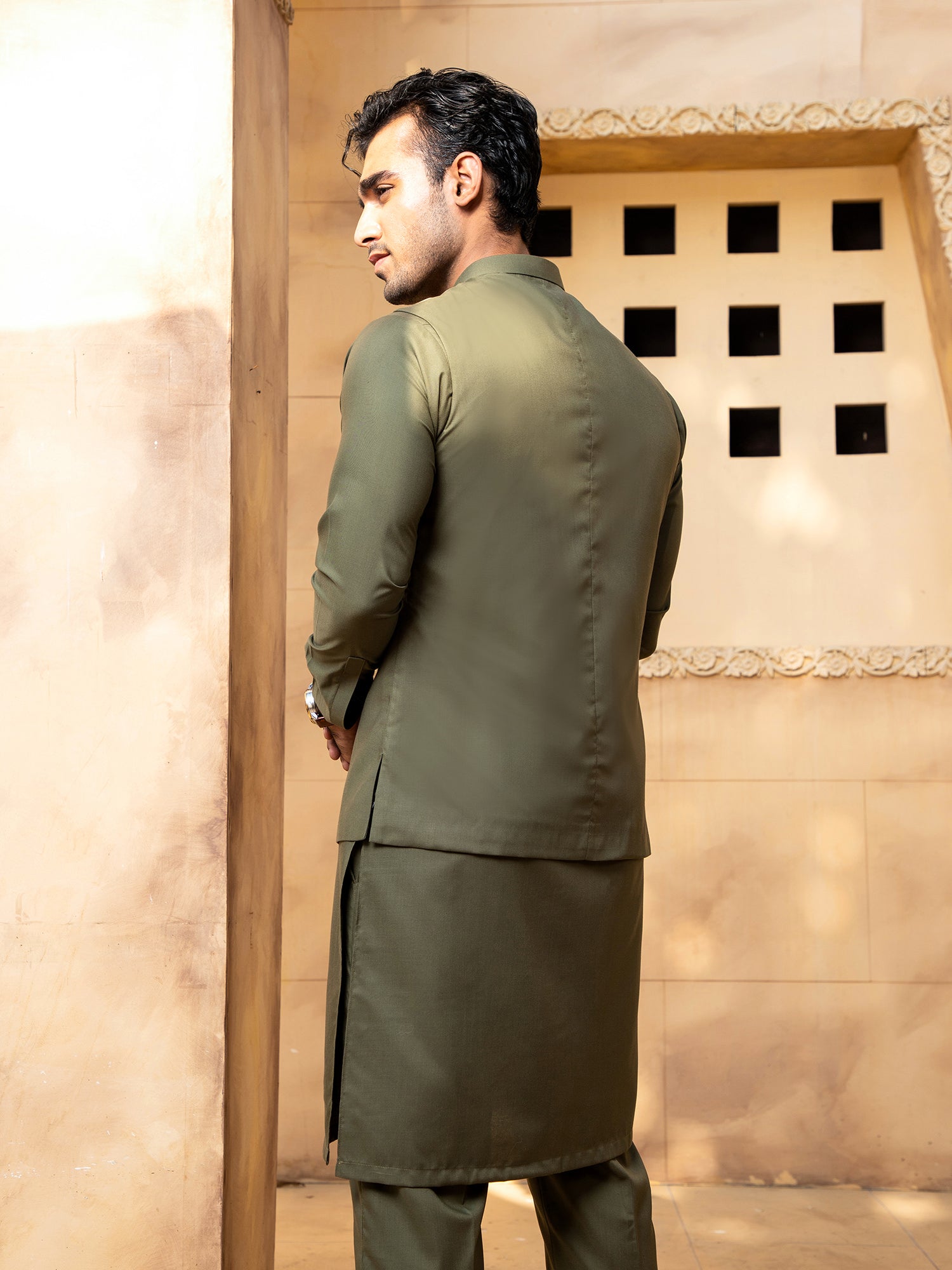 Army Green Kurta Trouser With Waistcoat