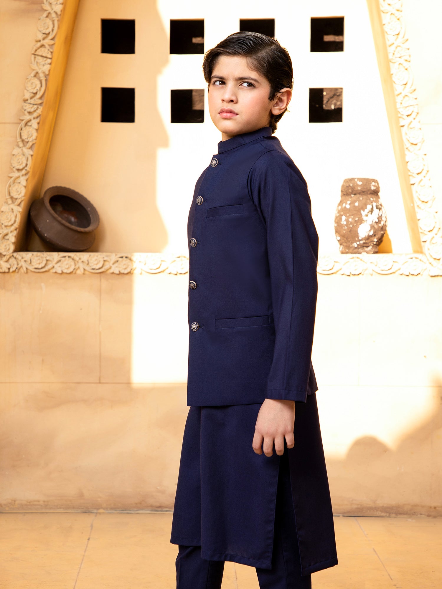 Navy Blue Kurta Trouser With Waistcoat