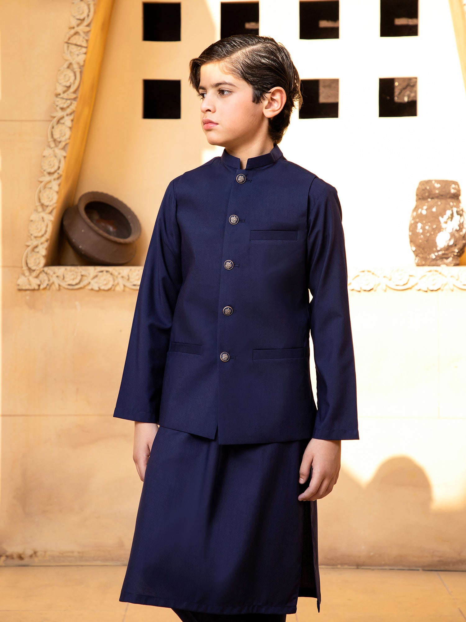 Navy Blue Kurta Trouser With Waistcoat