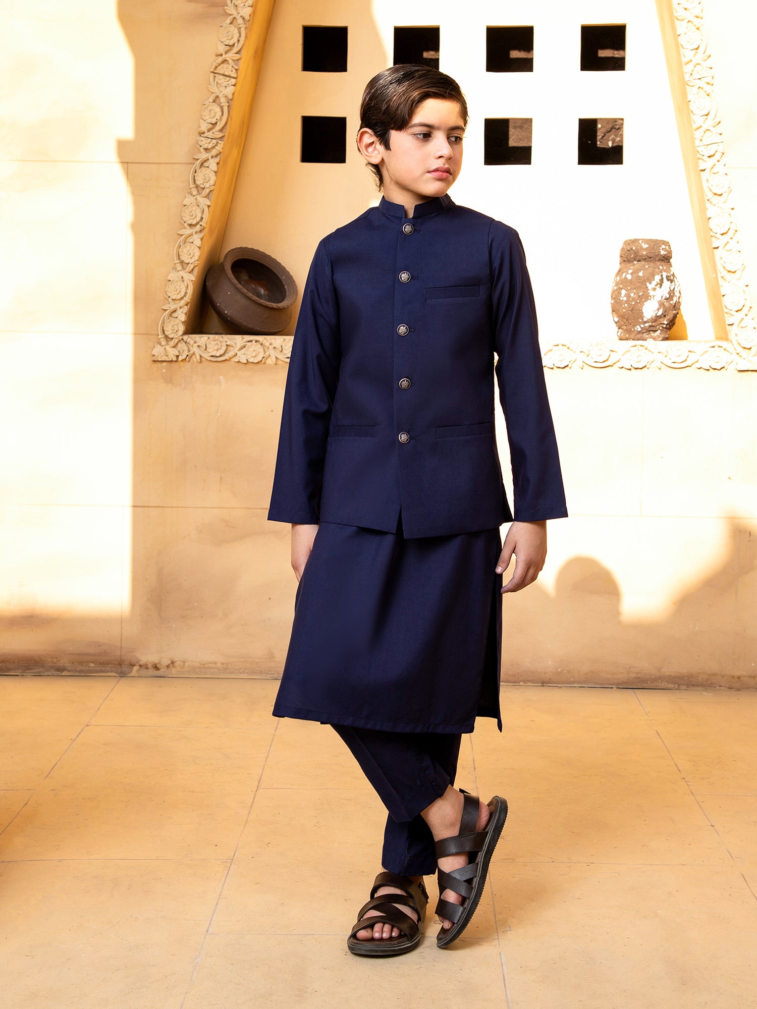 Navy Blue Kurta Trouser With Waistcoat