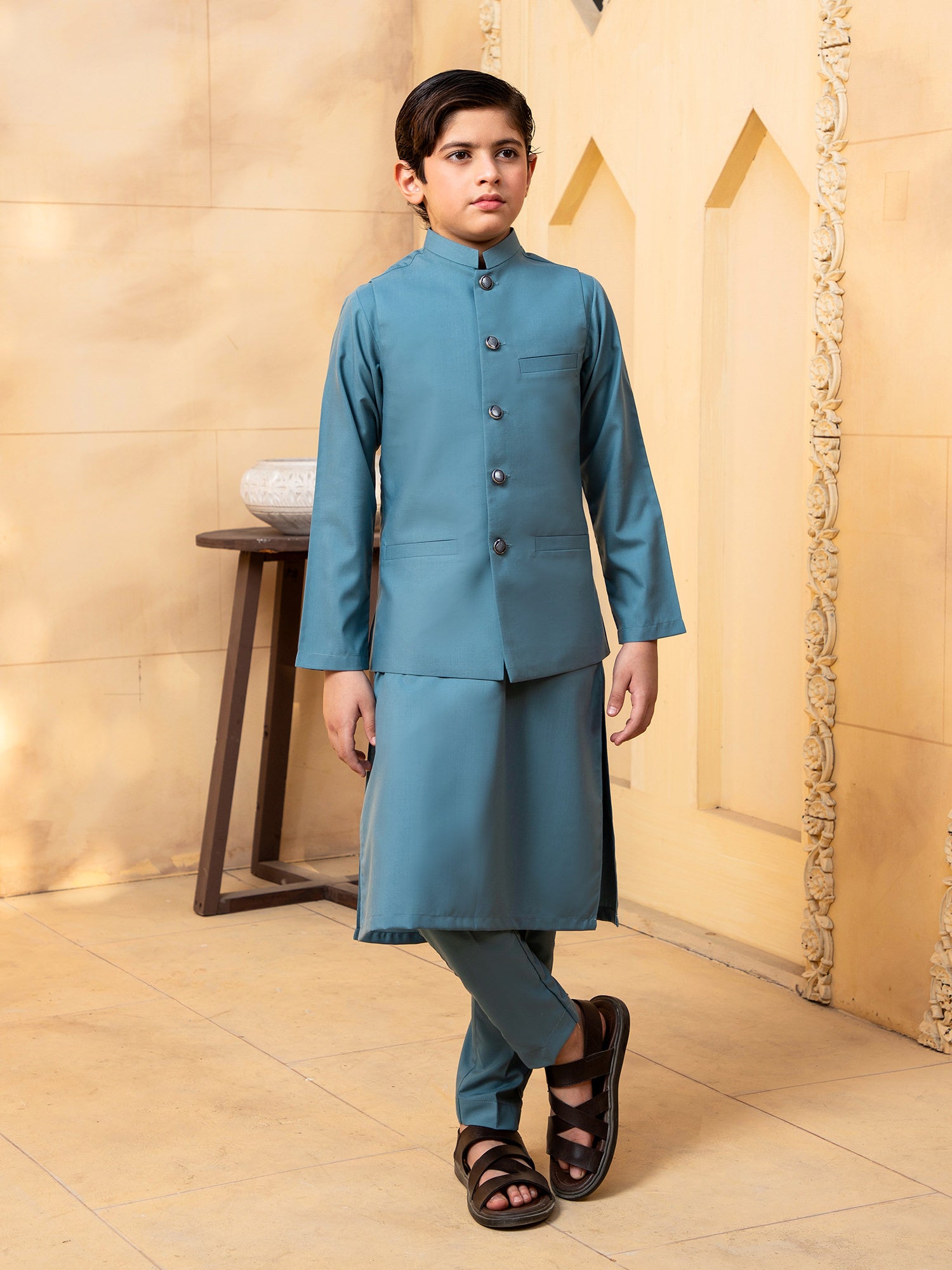 Teal Kurta Trouser with Waistcoat