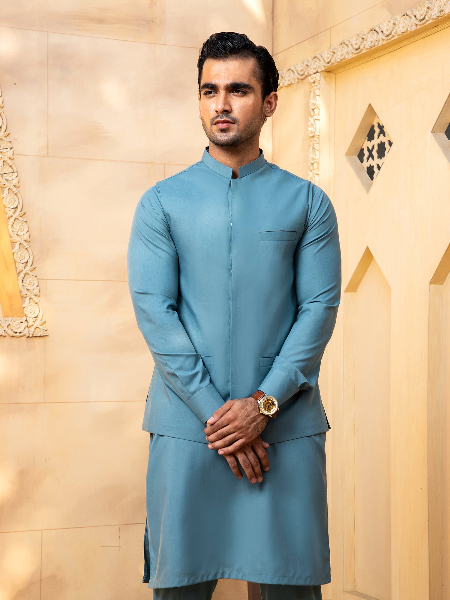 Pacific Blue Kurta Trouser With Waistcoat