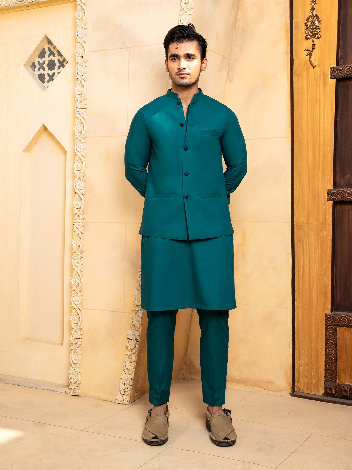 Teal Kurta Trouser With Waistcoat