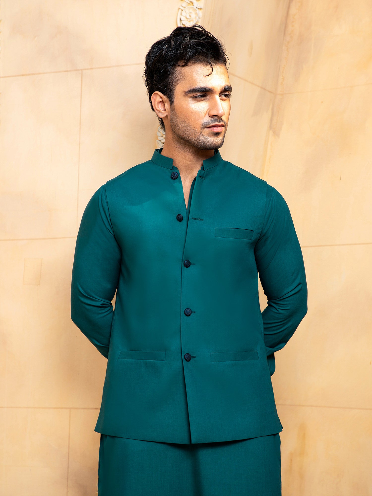 Teal Kurta Trouser With Waistcoat