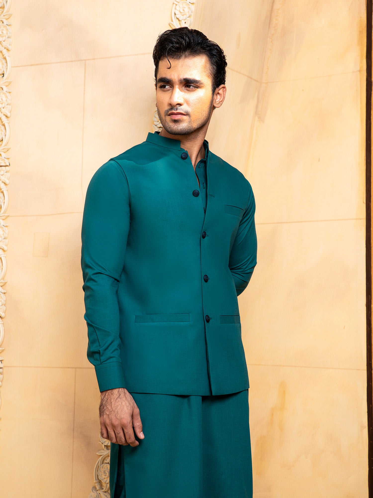 Teal Kurta Trouser With Waistcoat