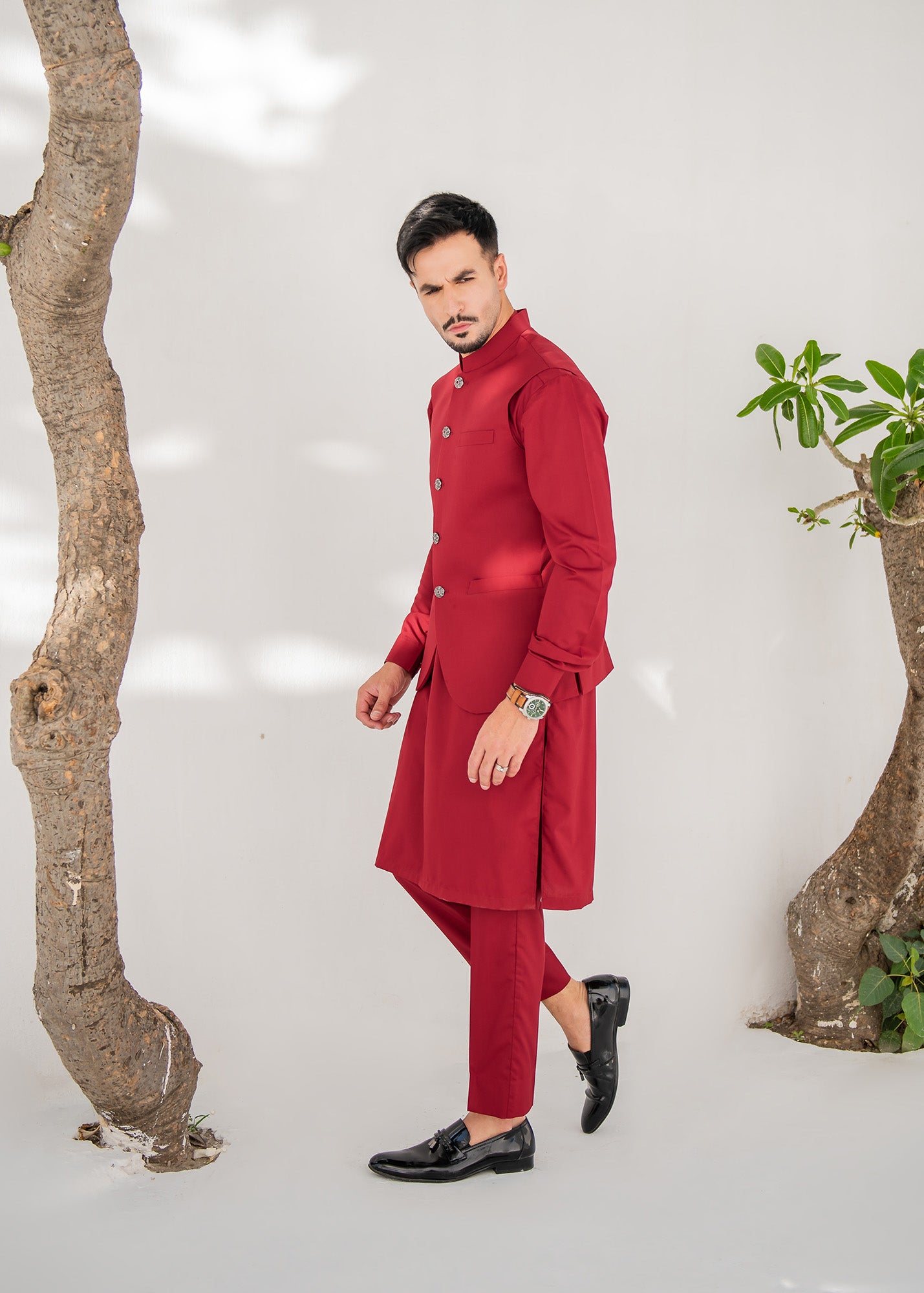 Red Kurta Trouser & Waistcoat - 3 PC