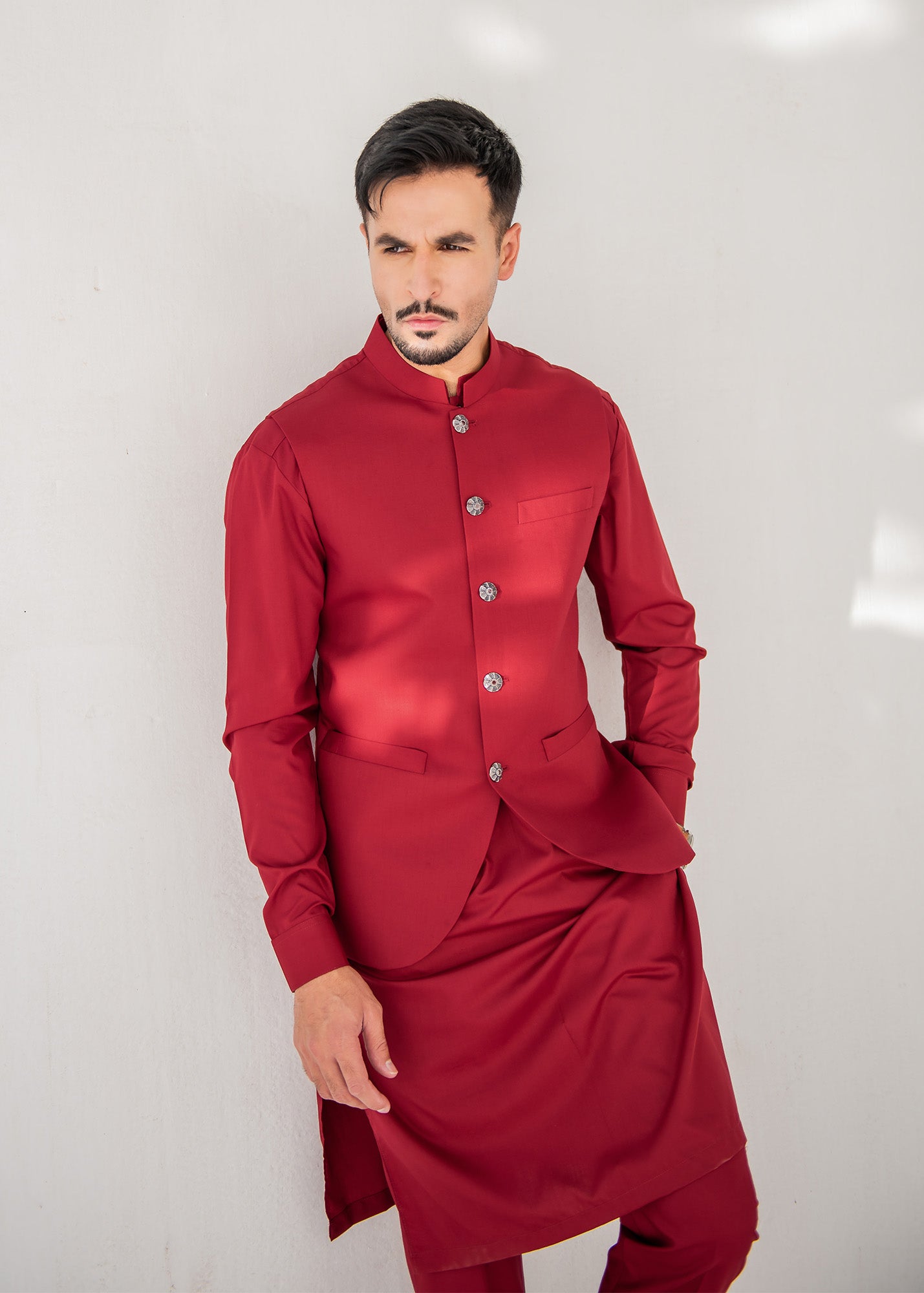 Red Kurta Trouser & Waistcoat - 3 PC