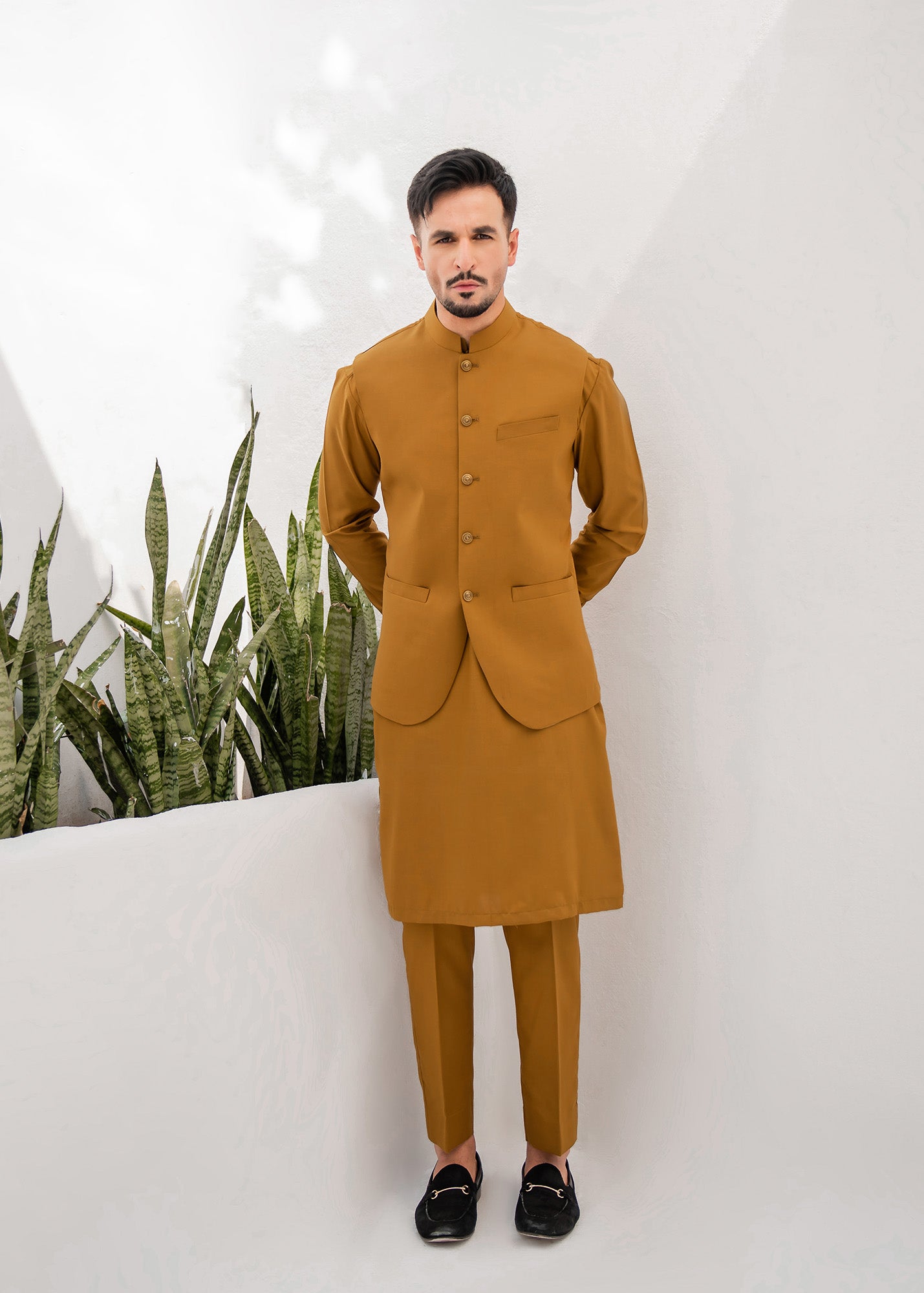 Camel Kurta Trouser & Waistcoat - 3 PC