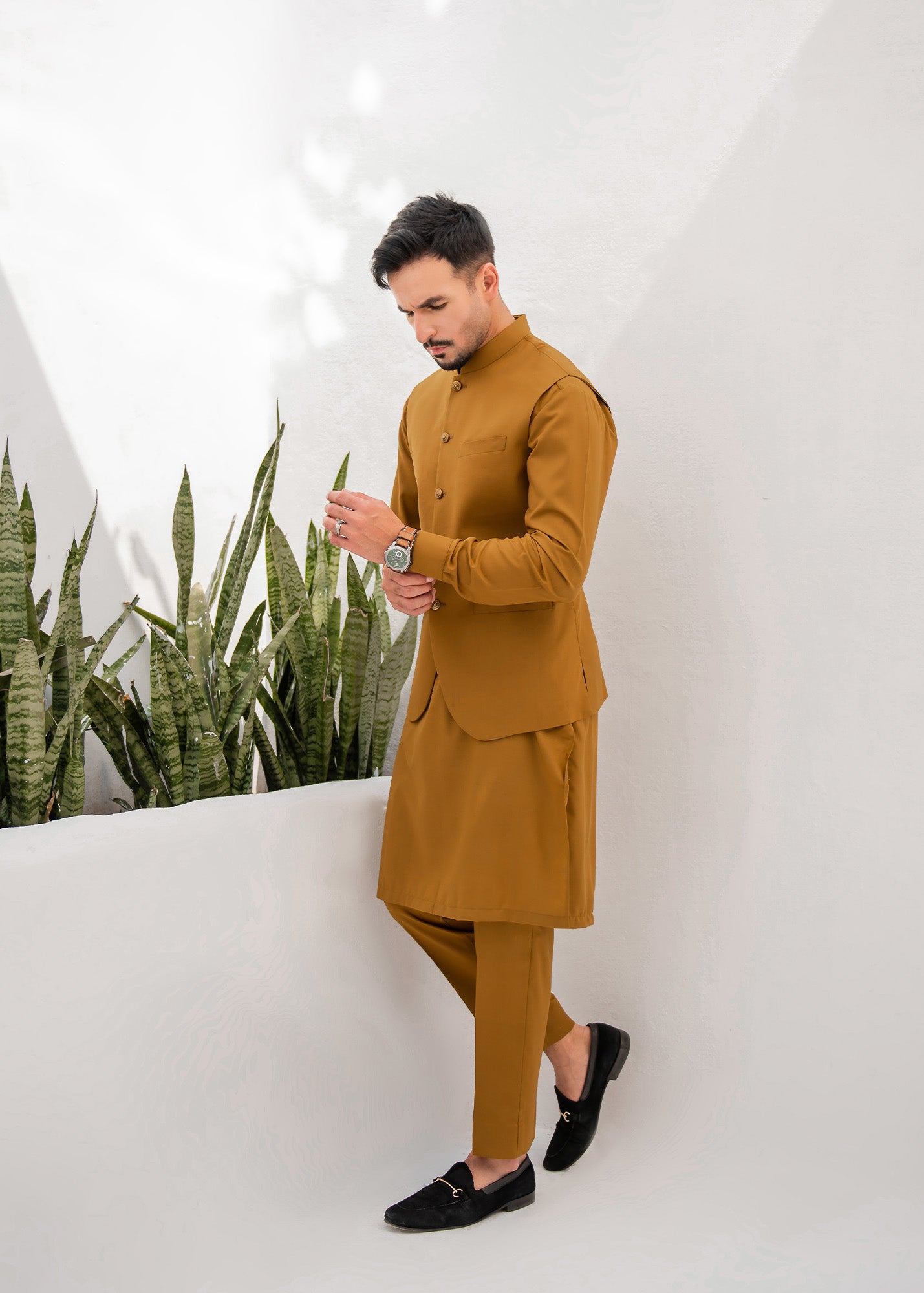 Camel Kurta Trouser & Waistcoat - 3 PC