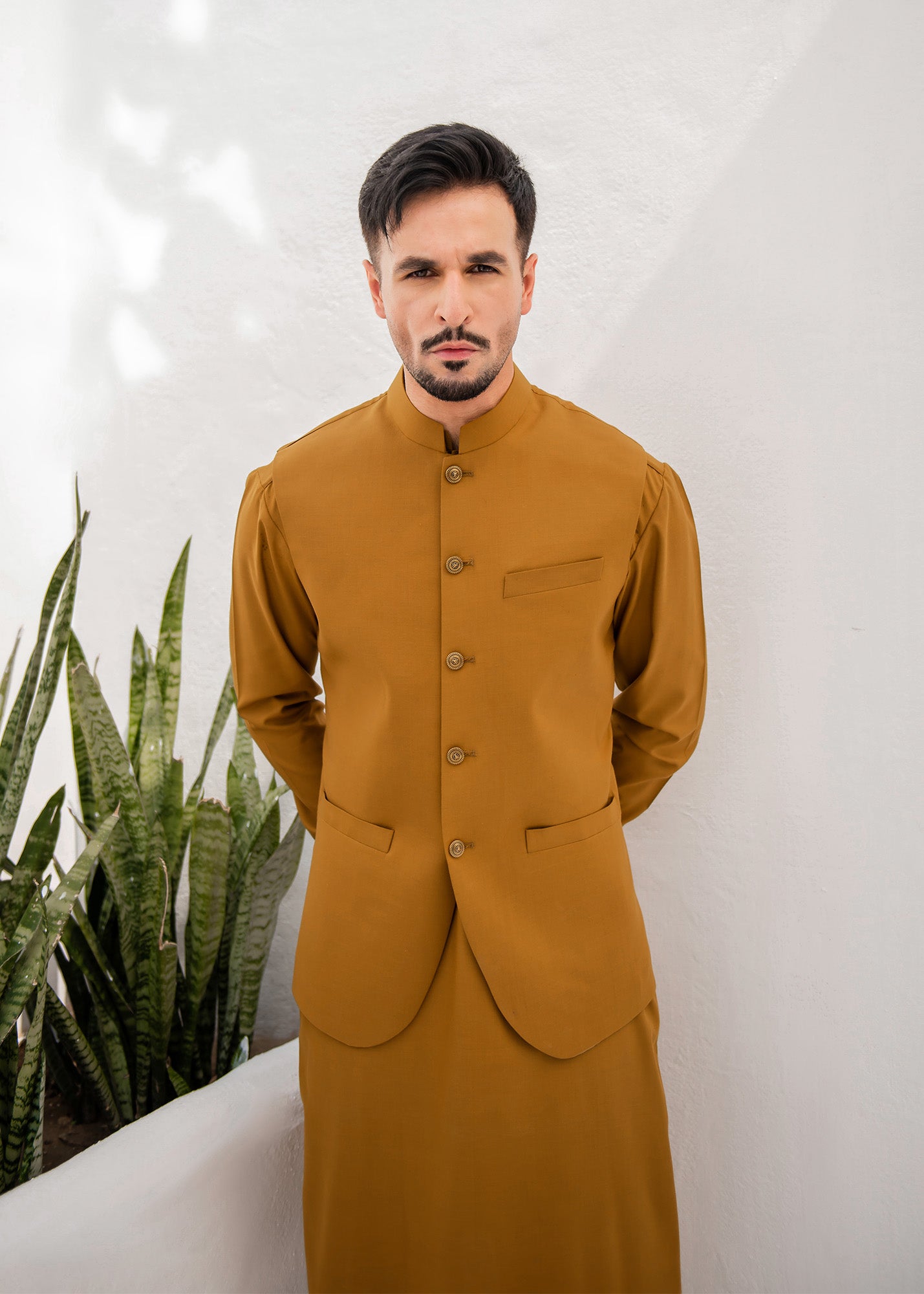 Camel Kurta Trouser & Waistcoat - 3 PC