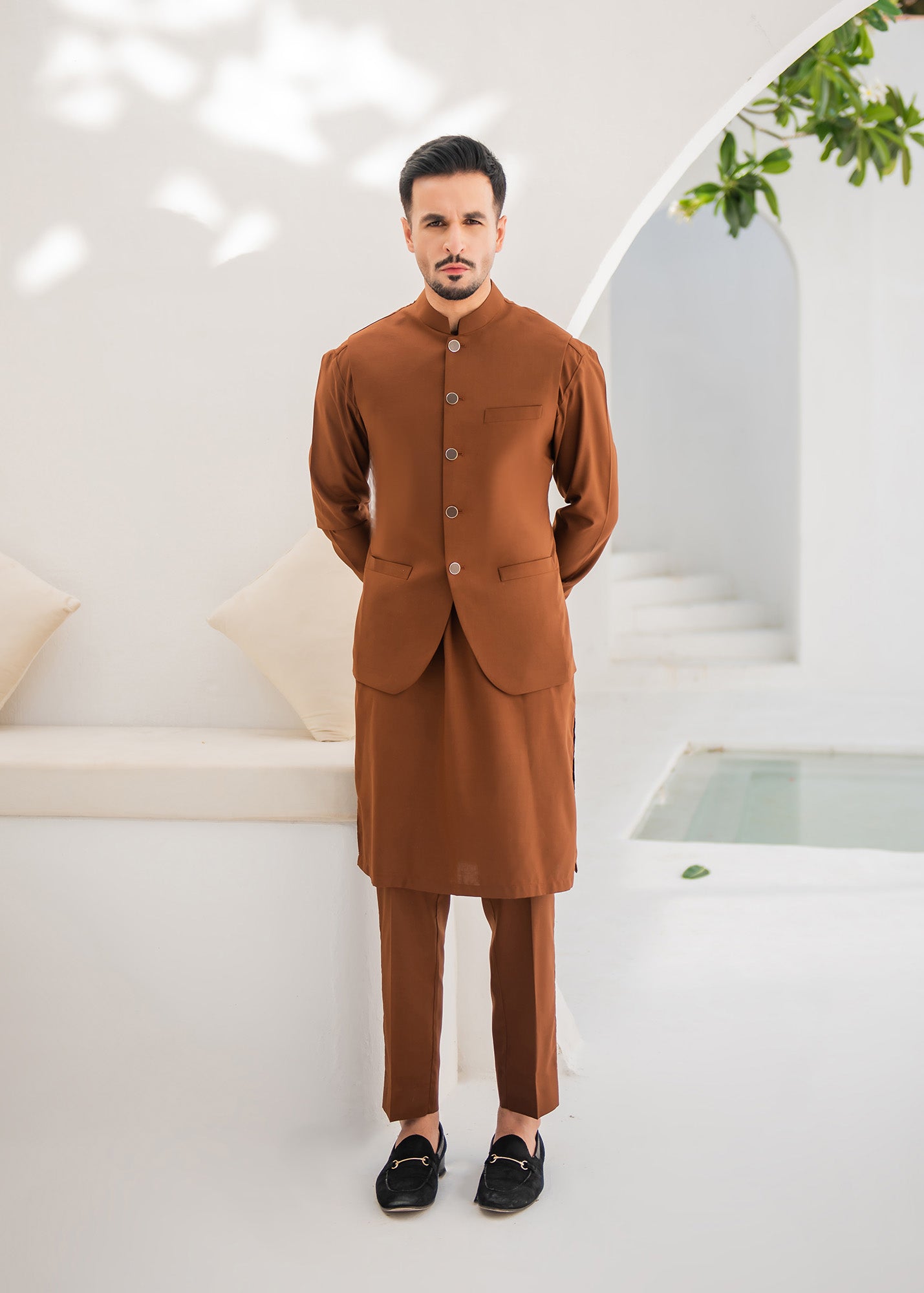 Copper Brown Kurta Trouser & Waistcoat - 3 PC