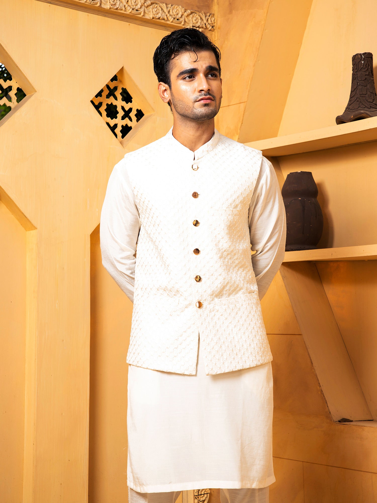 Off White Blue Kurta Trouser With Waistcoat