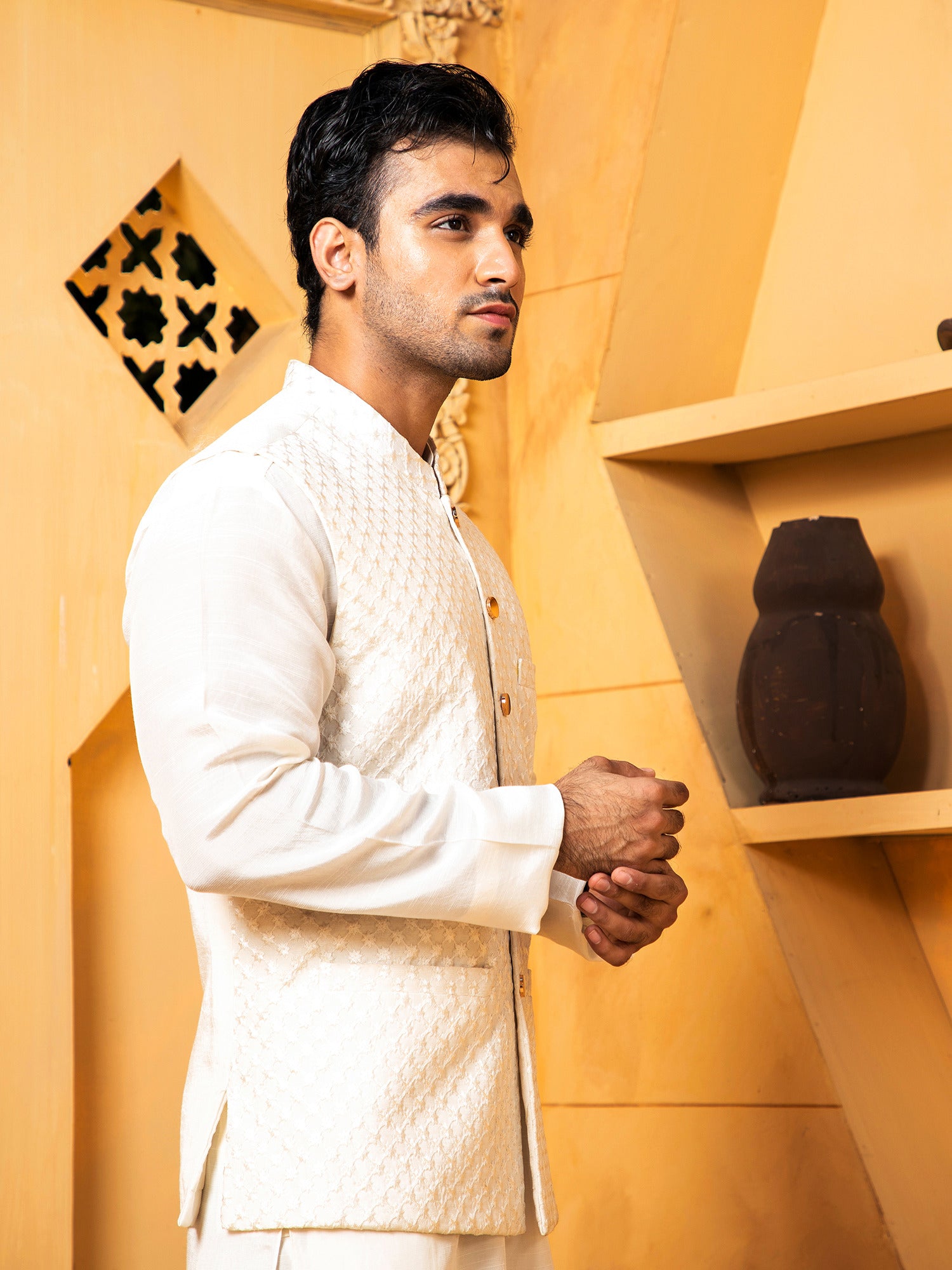 Off White Blue Kurta Trouser With Waistcoat