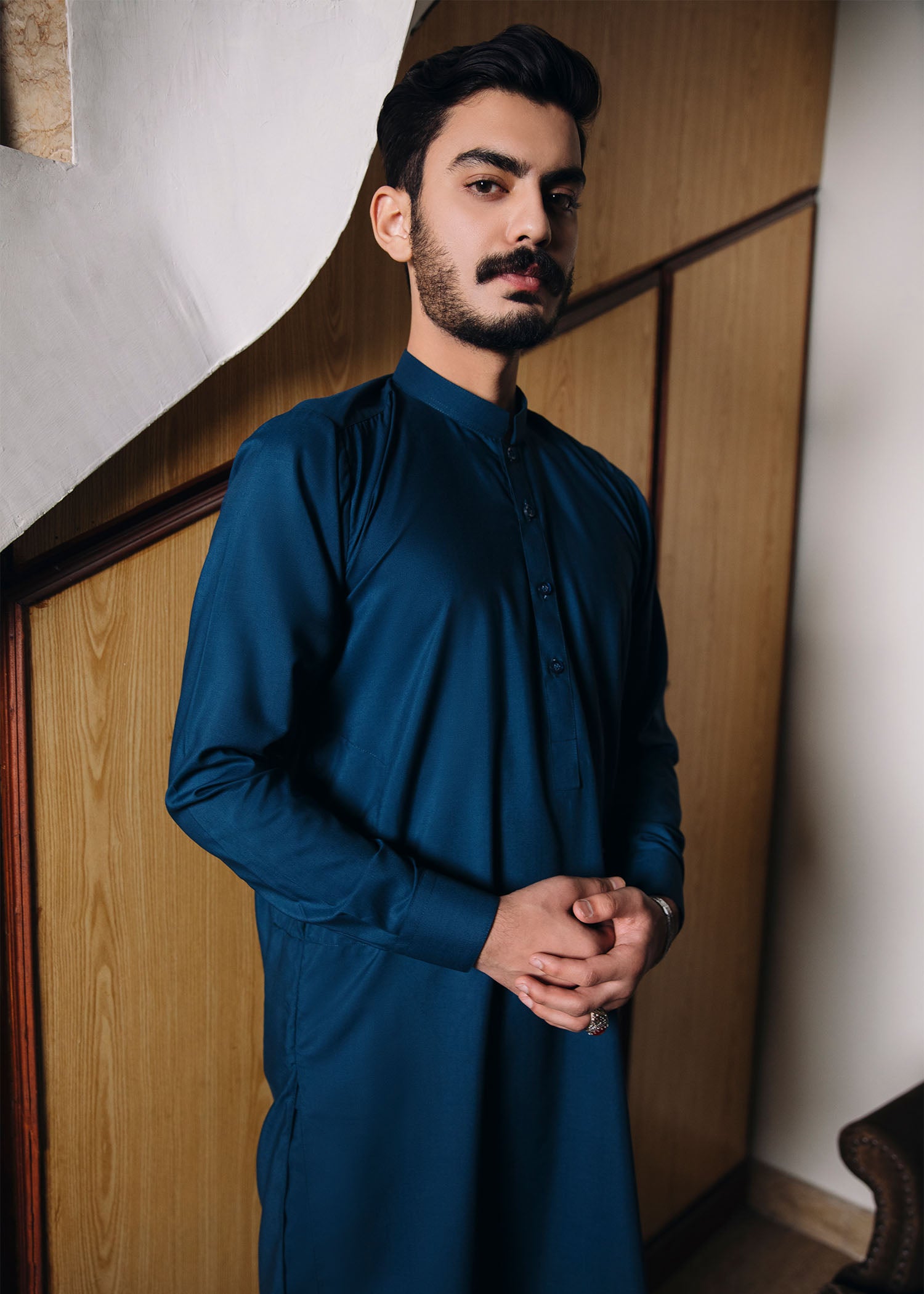 Teal Blue Kurta White Trouser - 2PC