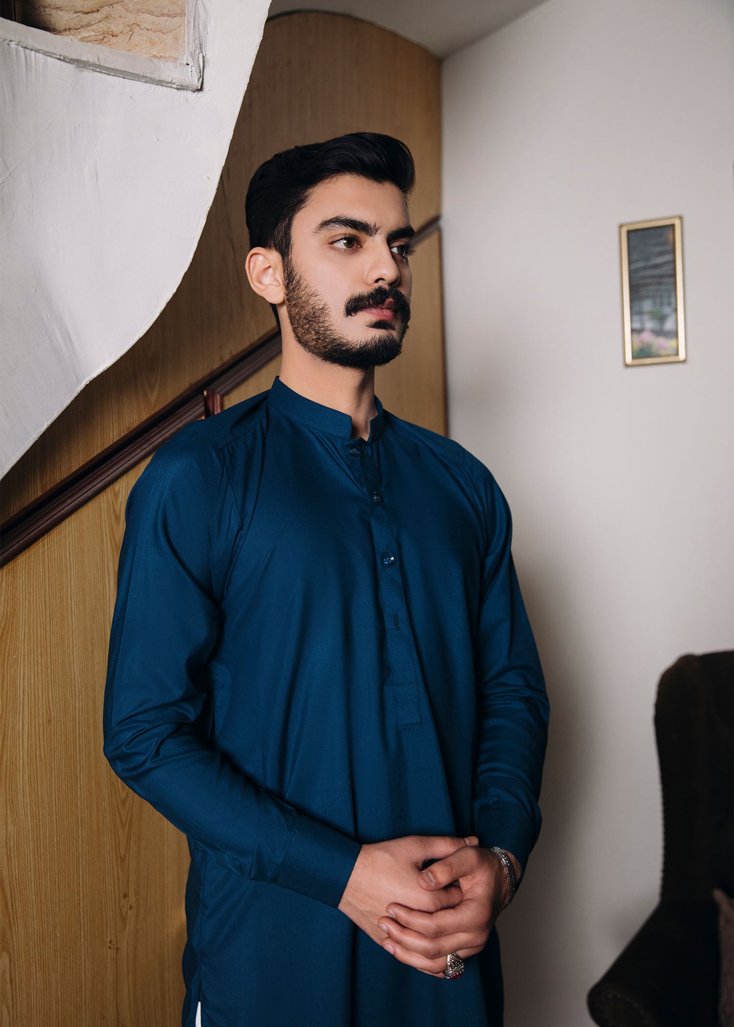 Teal Blue Kurta White Trouser - 2PC