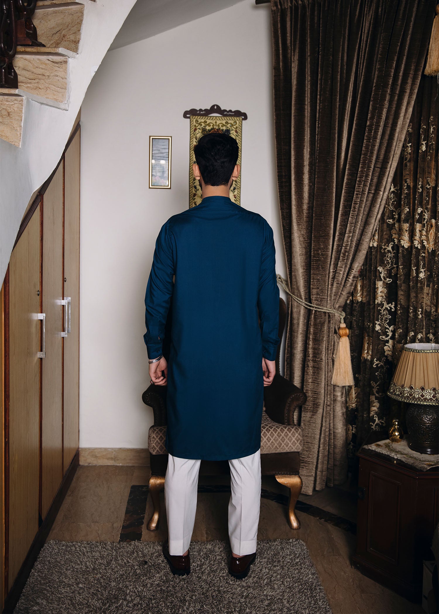 Teal Blue Kurta White Trouser - 2PC