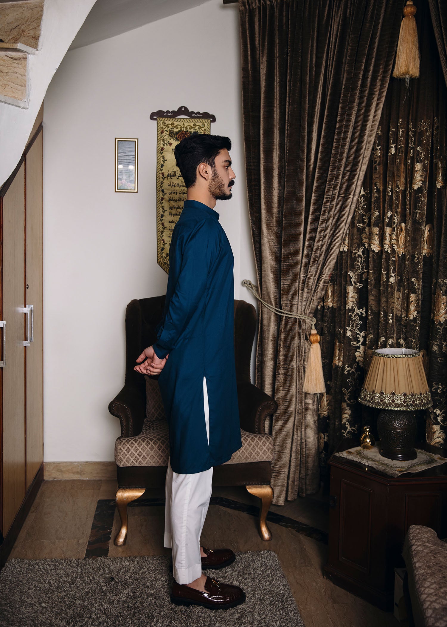 Teal Blue Kurta White Trouser - 2PC