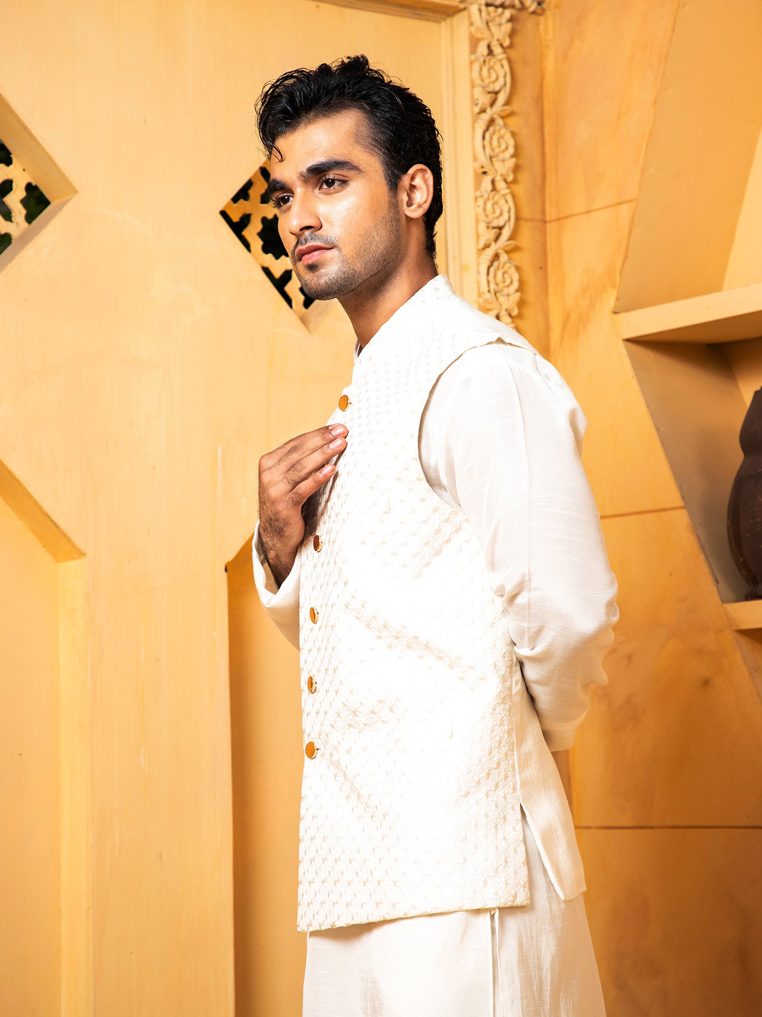 Off White Blue Kurta Trouser With Waistcoat