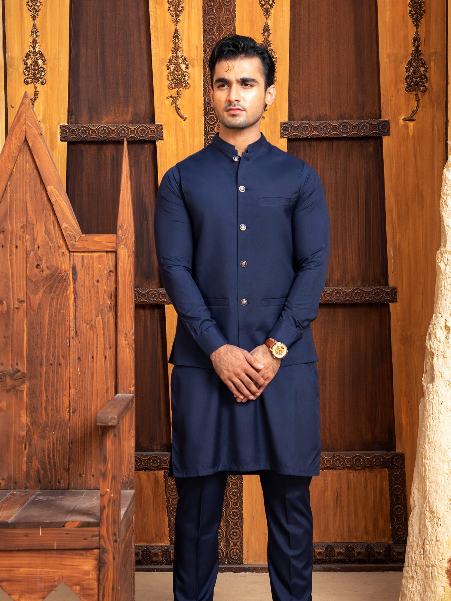 Navy Blue Kurta Trouser With Waistcoat