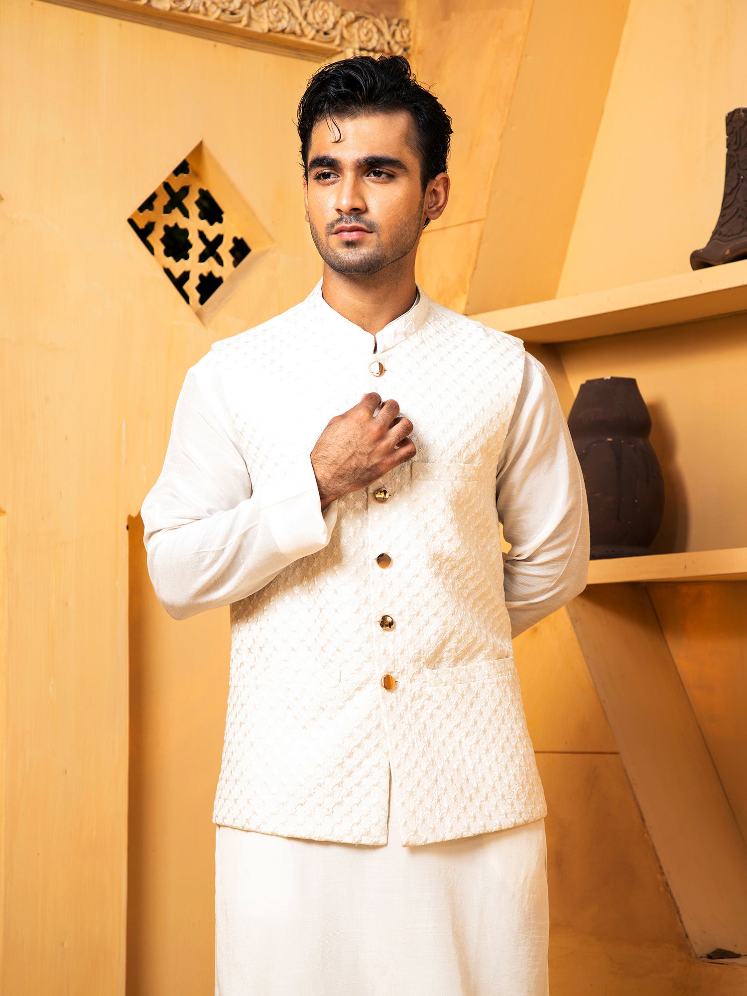 Off White Blue Kurta Trouser With Waistcoat