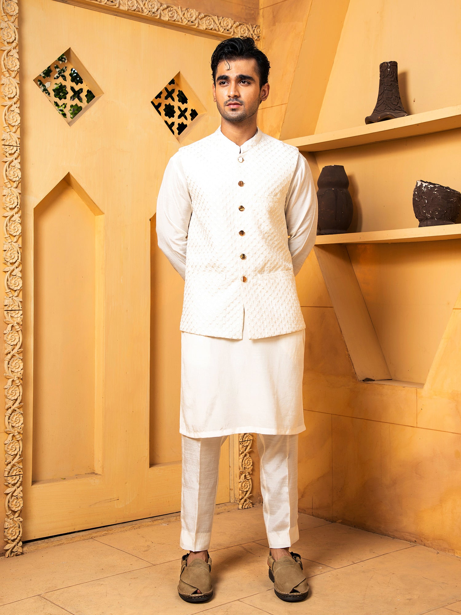 Off White Blue Kurta Trouser With Waistcoat